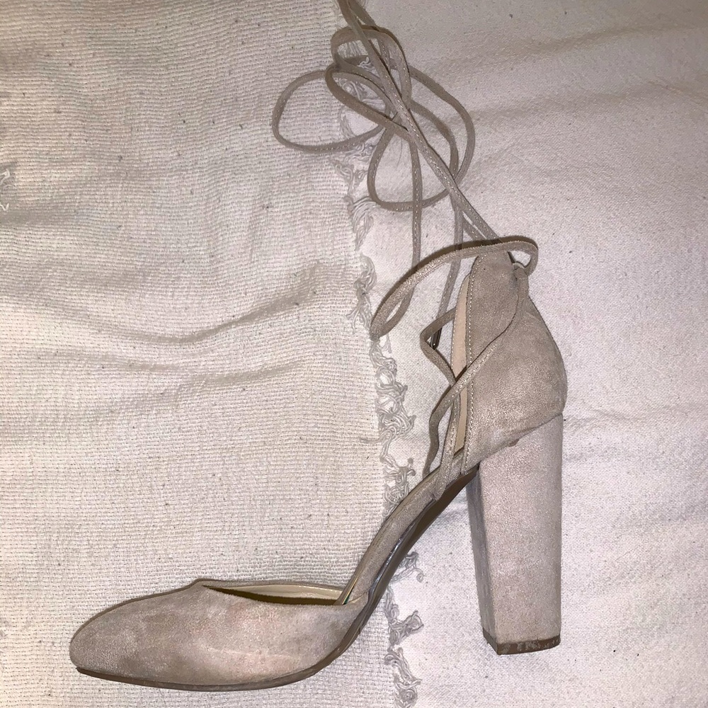 Tan block heels with ankle tie size 9.5
